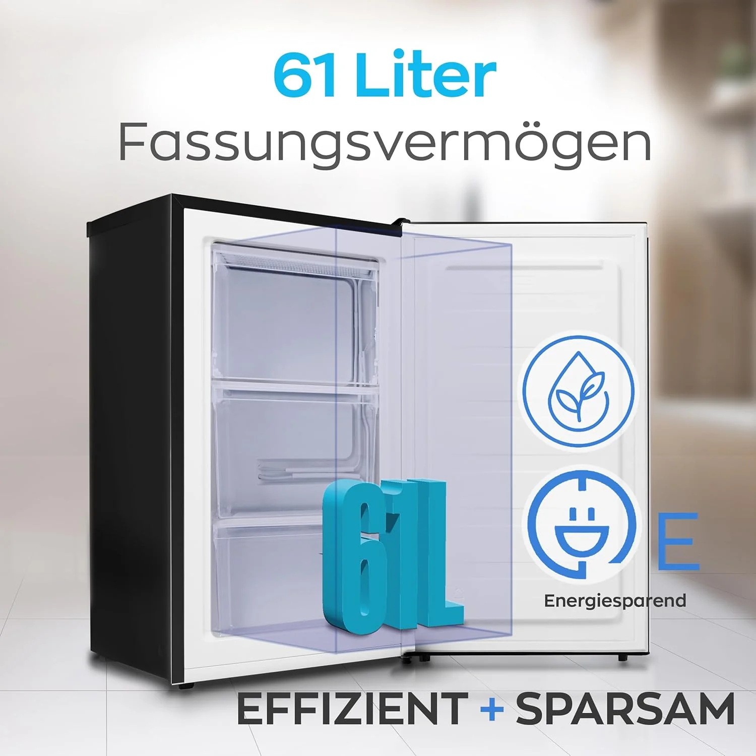 Heinrich´s Gefrierschrank 61Liter -18°C Freezer, 3x Gefrierschublade, 7 Stufen Temperaturregler, Airflow, wechselbarer Türanschlag weiß
