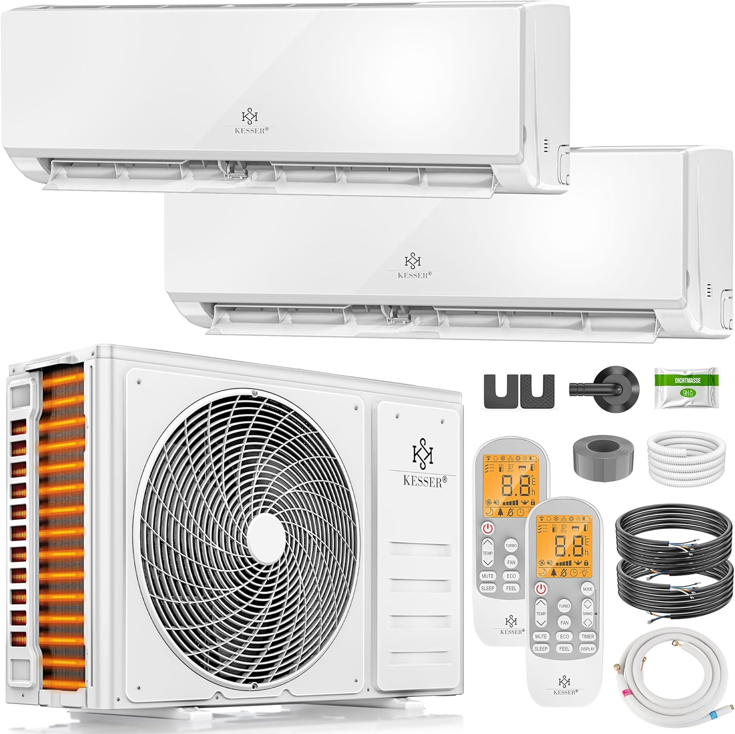 KESSER® Multisplit Klimaanlage 2 Innengeräte, 18000 BTU, Split Klimagerät Set mit WiFi/App, Heizen & Kühlen, Inverter, Eco-Modus, Luftentfeuchter & Ventilator, sehr leise, R32, Montagematerial