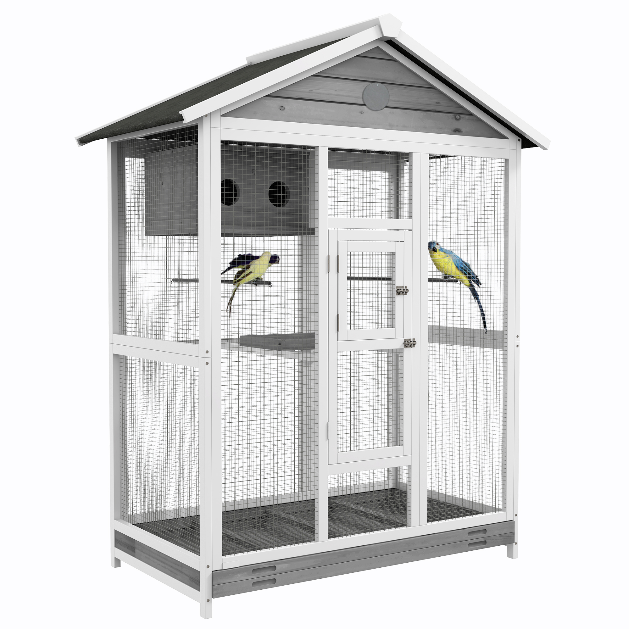 PawHut Houten vogelkooi met 4 zitstokken, asfaltdak, waterdicht, 112 x 68 x 154 cm