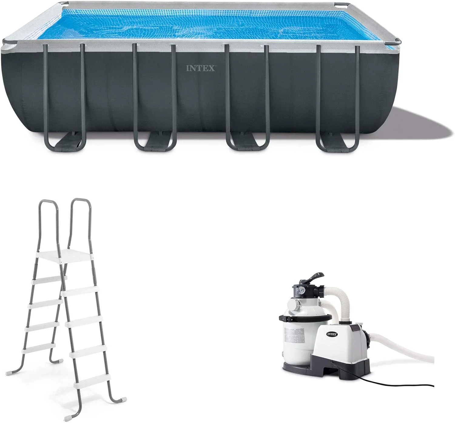Rectangular Frame Above Ground Outdoor Swimming Pool Set with 1200 GPH Sand Filter Pump, Pool Cover and Ladder