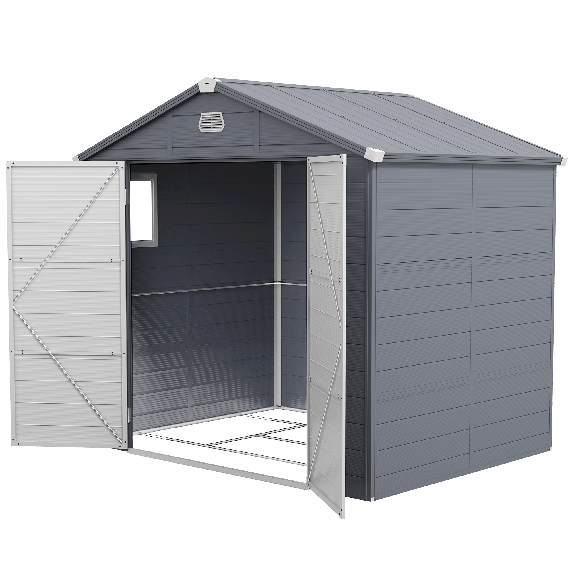 Outsunny Tuinhuis, Tuinschuur met Ventilatieraam, Kunststof, Metaal, 240 x 190 x 180/228, Grijs