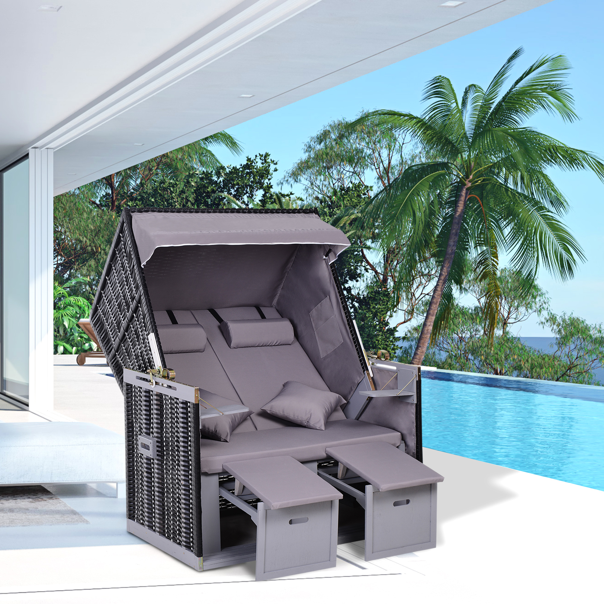 Strandstoel dubbele ligstoel met beschermhoes voor bekerhouders PE rotan grijs