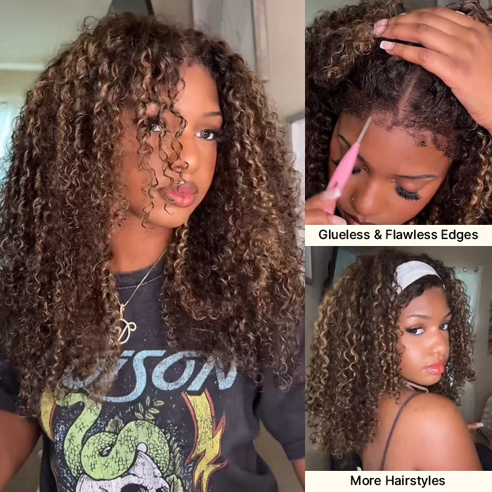 Glueless Balayage Highlight 4C Edges Curly Wig 13x6 Full HD Lace Pre Plucked Realistic Hairline Human Hair Wig