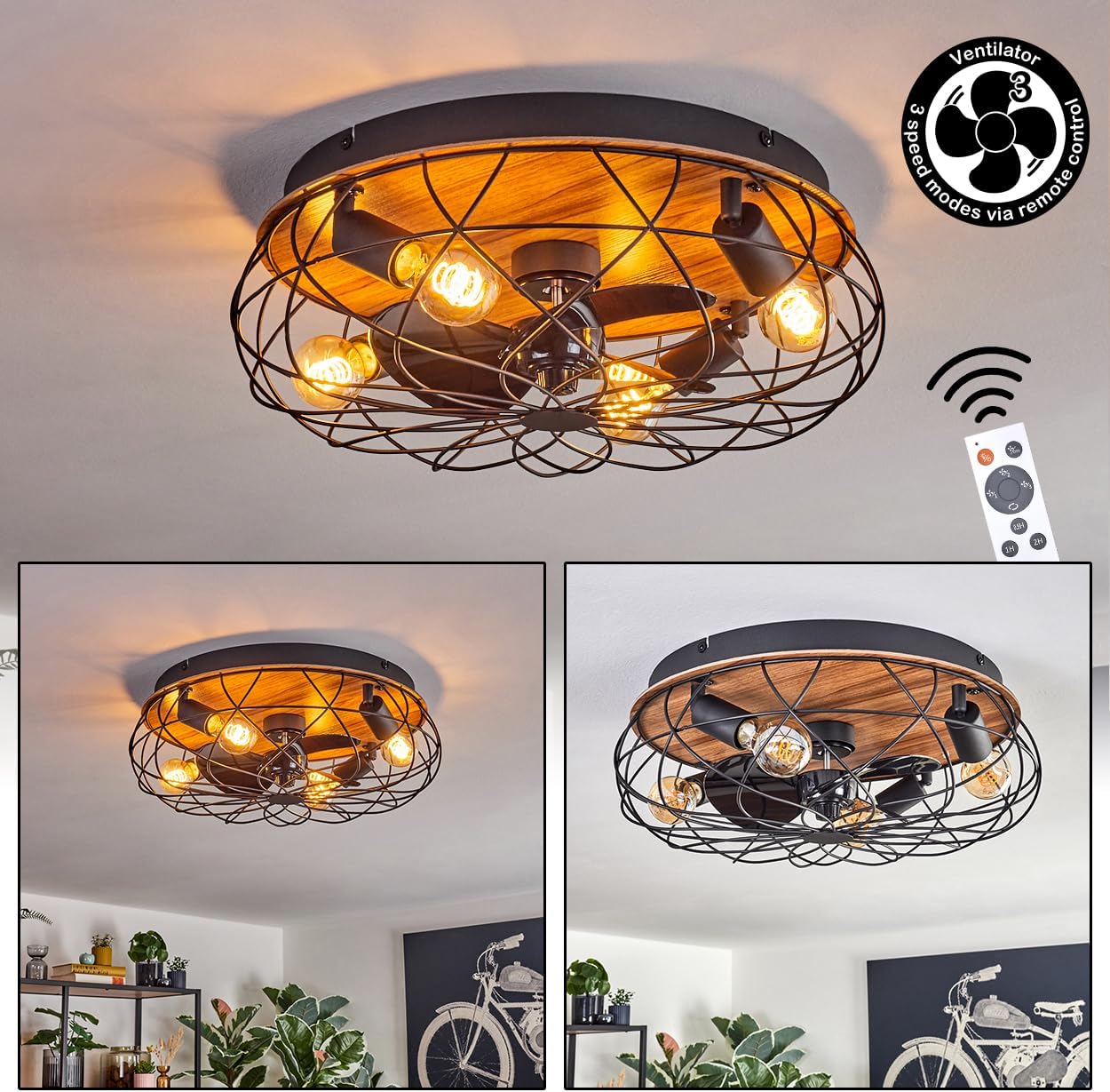 LED Deckenventilator Tourais, Ventilator aus Metall/MDF in Schwarz/Holzoptik, Deckenleuchte im Retro/Vintage-Design in Gitter-Optik, Lichteffekt u. Fernbedienung, Wohnzimmer, Schlafzimmer, Esszimmer
