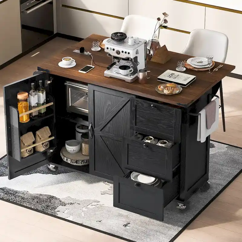 54.5 Farmhouse Kitchen Island with Power Outlet, Internal Storage Rack, Drop-Leaf Tabletop, Spice Rack, Rolling Cart On Wheels