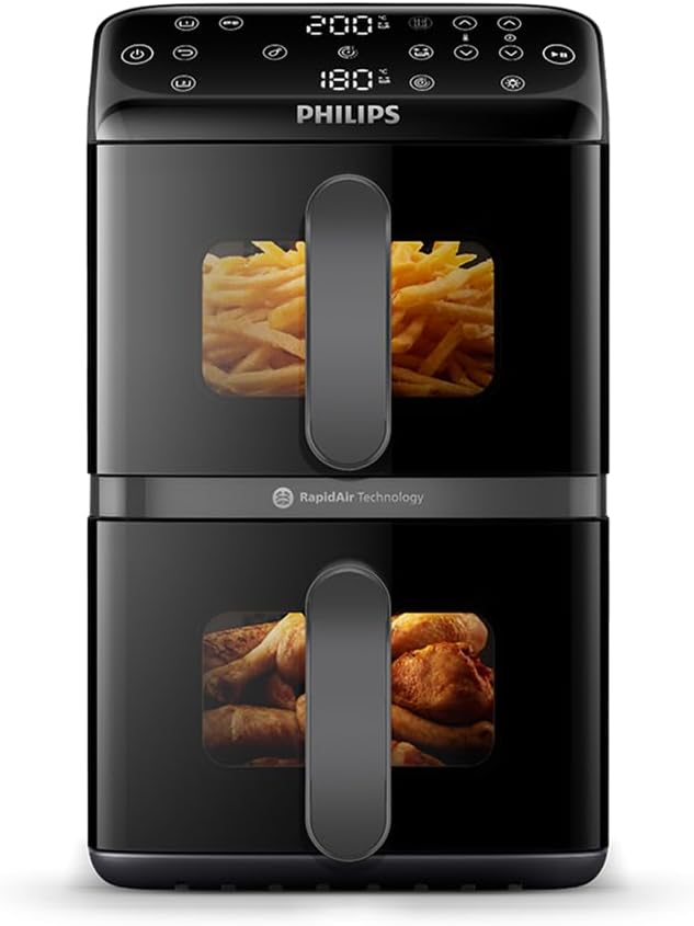 Philips Airfryer 4000 Series, Air Fryer Double Basket Vertical 10L, RapidAir Technology, Sync Function, Ceramic Coating No PFAS, Windows, 45% Smaller (NA460/00)