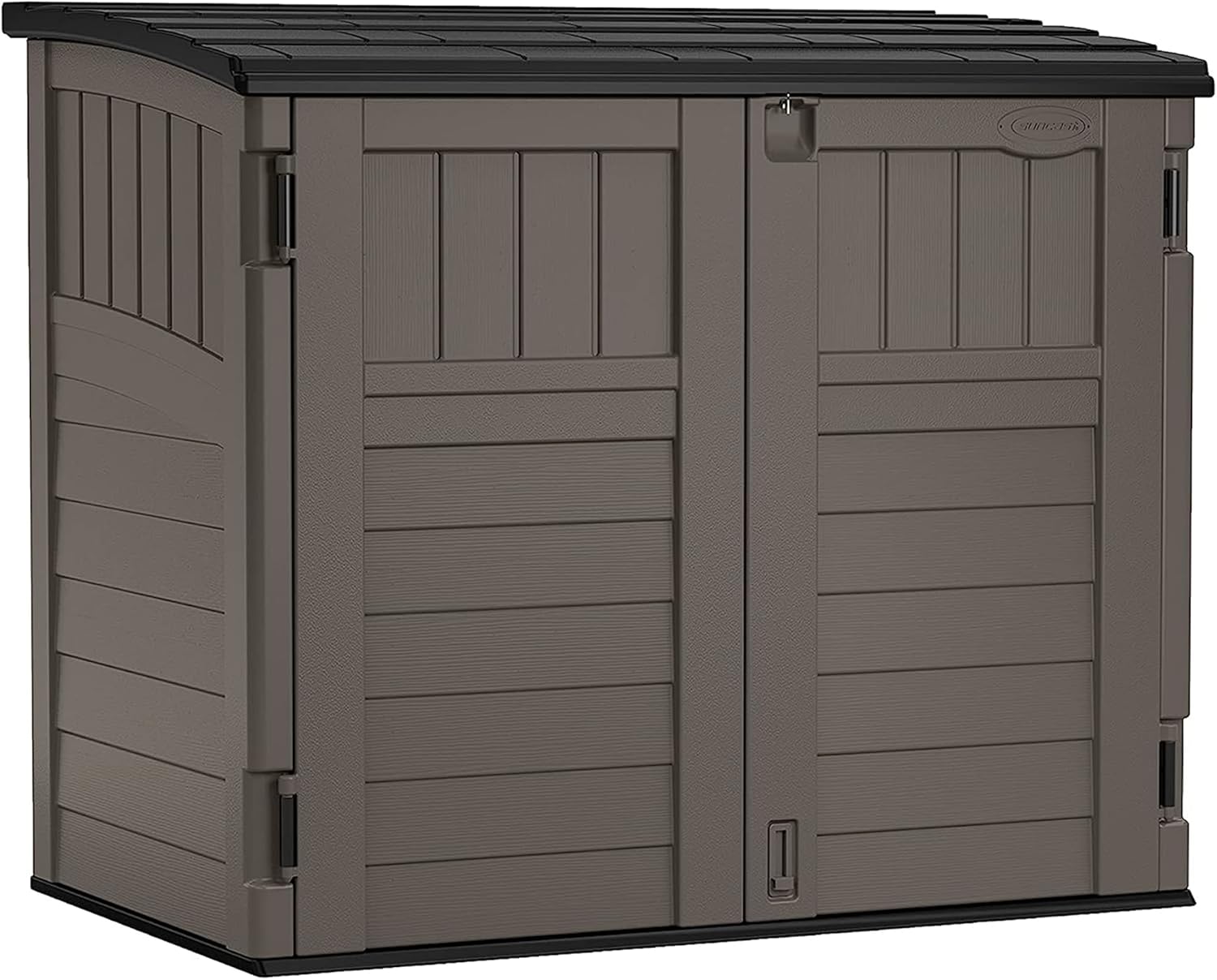 Suncast 34 Cu Ft Horizontal Resin Storage Shed - Outdoor Storage Shed with Floor Included  Lockable  Weatherproof  Fits Small to Medium Trash Cans  Generators  & Garden Tools  Stoney Black