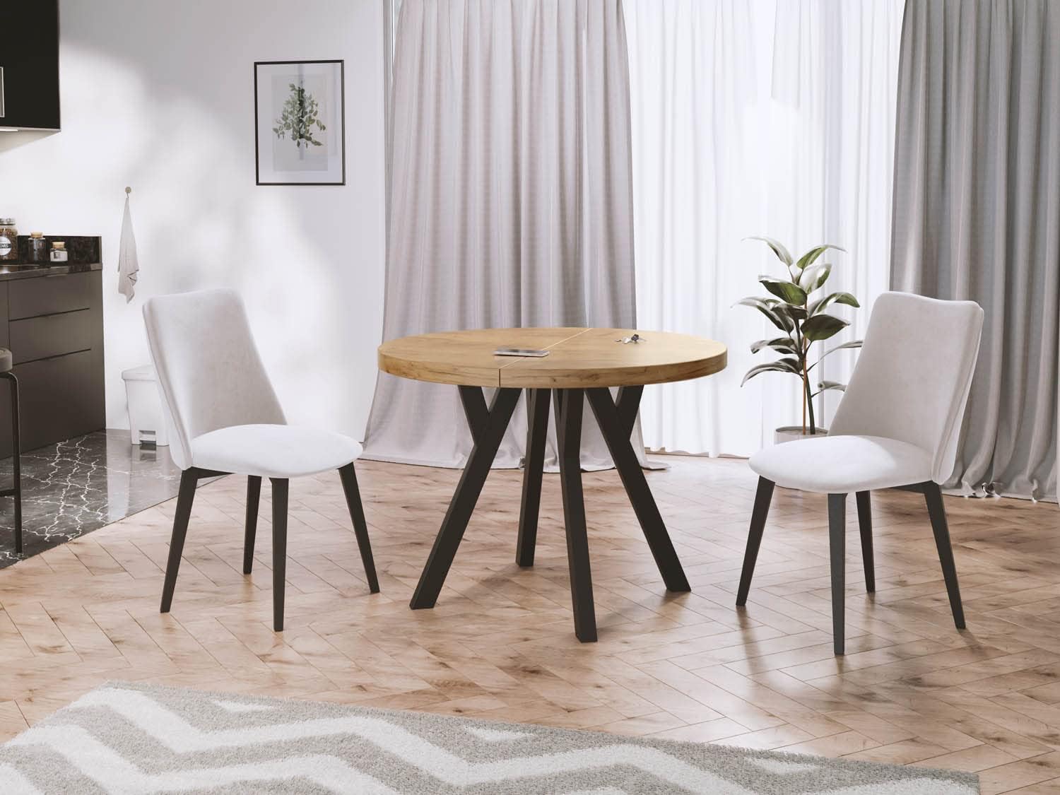 WFL GROUP Designer Runder Ausziehbarer Esstisch - Loft-Stil, Industriell, Platzsparend - Schwarze Beine - 100 bis 150 cm - für 5-8 Personen - Hergestellt in EU - Wotan Eiche - 150 cm