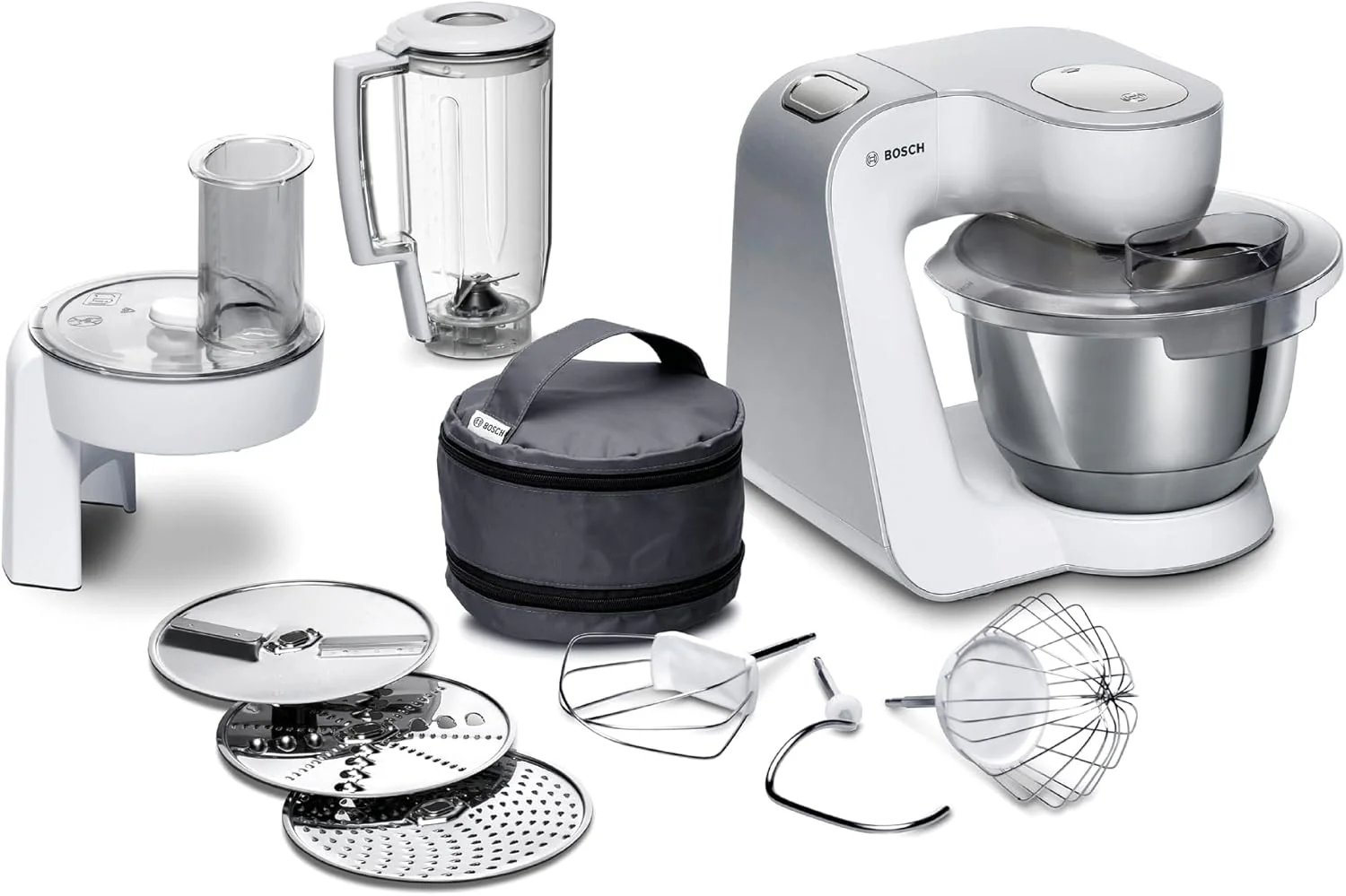 Bosch Küchenmaschine Serie 4 MUM58720,Edelstahl-Schüssel 3,9 L, Mixer 1,25 L, Planetenrührwerk,Knethaken,Schlag,Rührbesen, Durchlaufschnitzler, 3 Scheiben, 1000 W, Dunkelrot/Silber