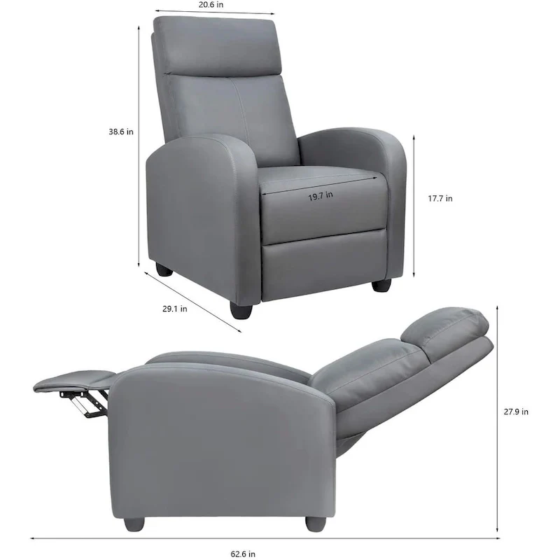 PU Leather Push-Back Recliner Chair, Brown / Black / Grey / Khaki / Red / Beige, Single