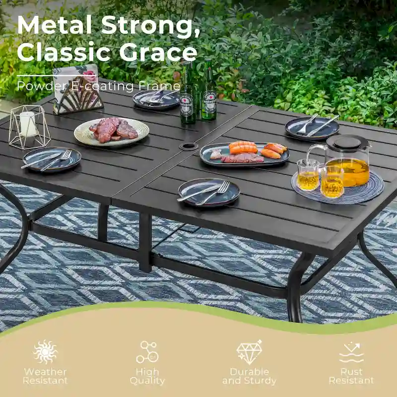 7/8-Piece Patio Dining Set including 60x38 Slatted Metal Table with 1.56 Umbrella Hole and 6 Spring Motion Chairs