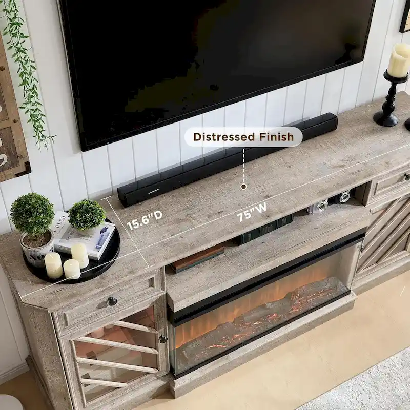 Farmhouse TV Stand with 3-Sided Fireplace, Entertainment Center