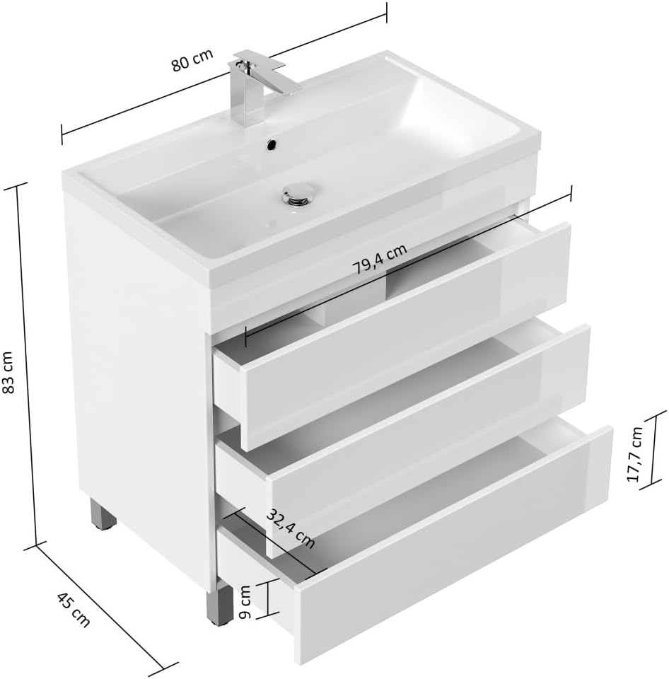 Magnolia Home Stand Badmöbel Via 80 SoftClose mit DREI grifflosen Schubladen Farbe Weiss Hochglanz