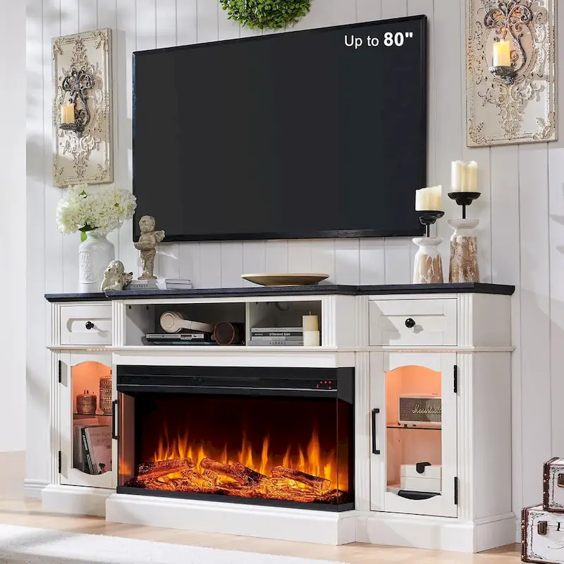Farmhouse Electric Fireplace TV Stands up to 80, Entertainment Center