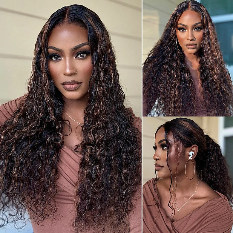 Honey Brown Highlight Water Wave Glueless Human Hair Wig Pre Bleached Pre Cut Undetectable HD Lace Front Wig 220%