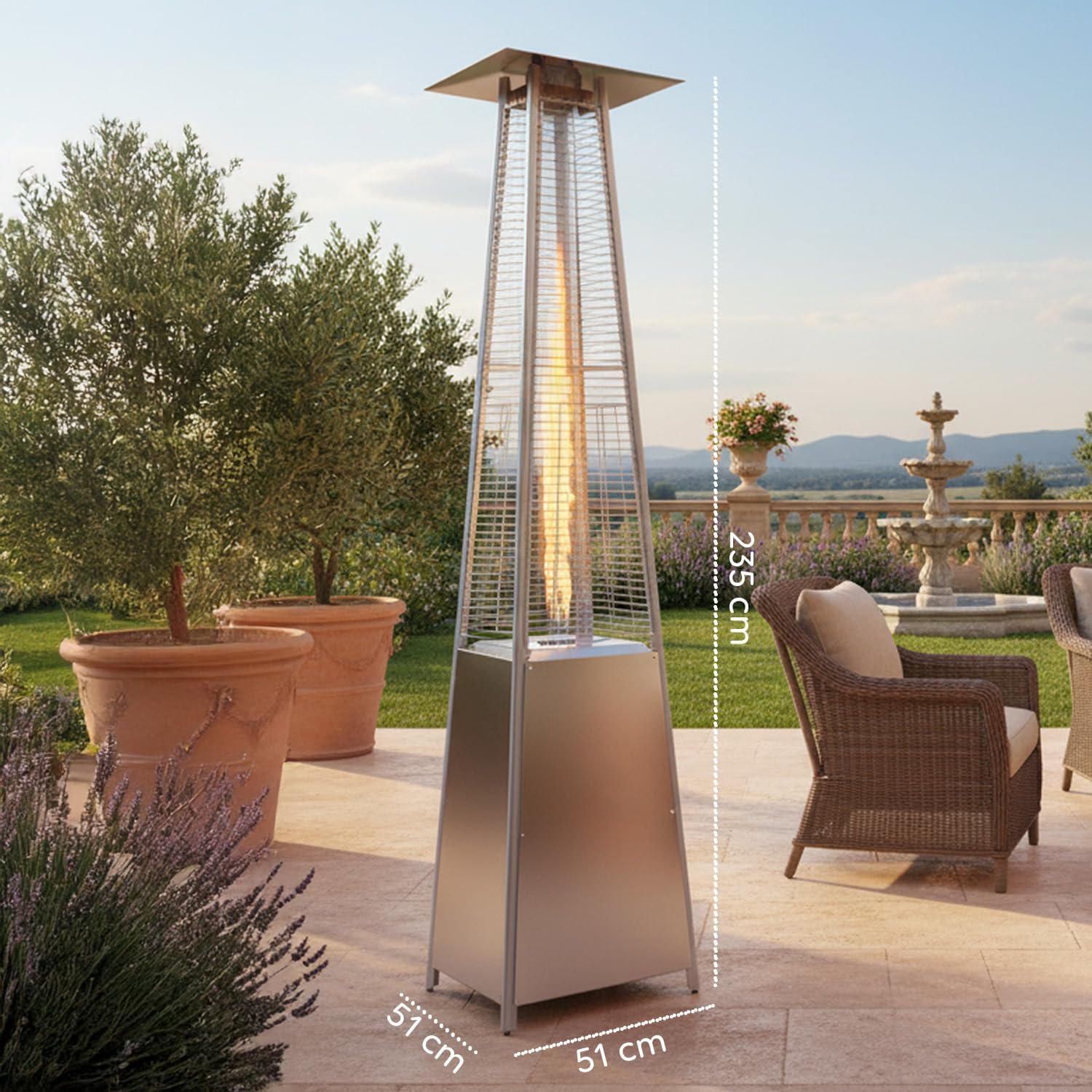 Wintem - Stufa a Gas da Esterno Aura a Piramide Grigia 12kW con Accensione Piezoelettrica e Termostato Regolabile per Terrazze e Giardini, Funzionamento con Bombola GPL o Butano, Design Moderno
