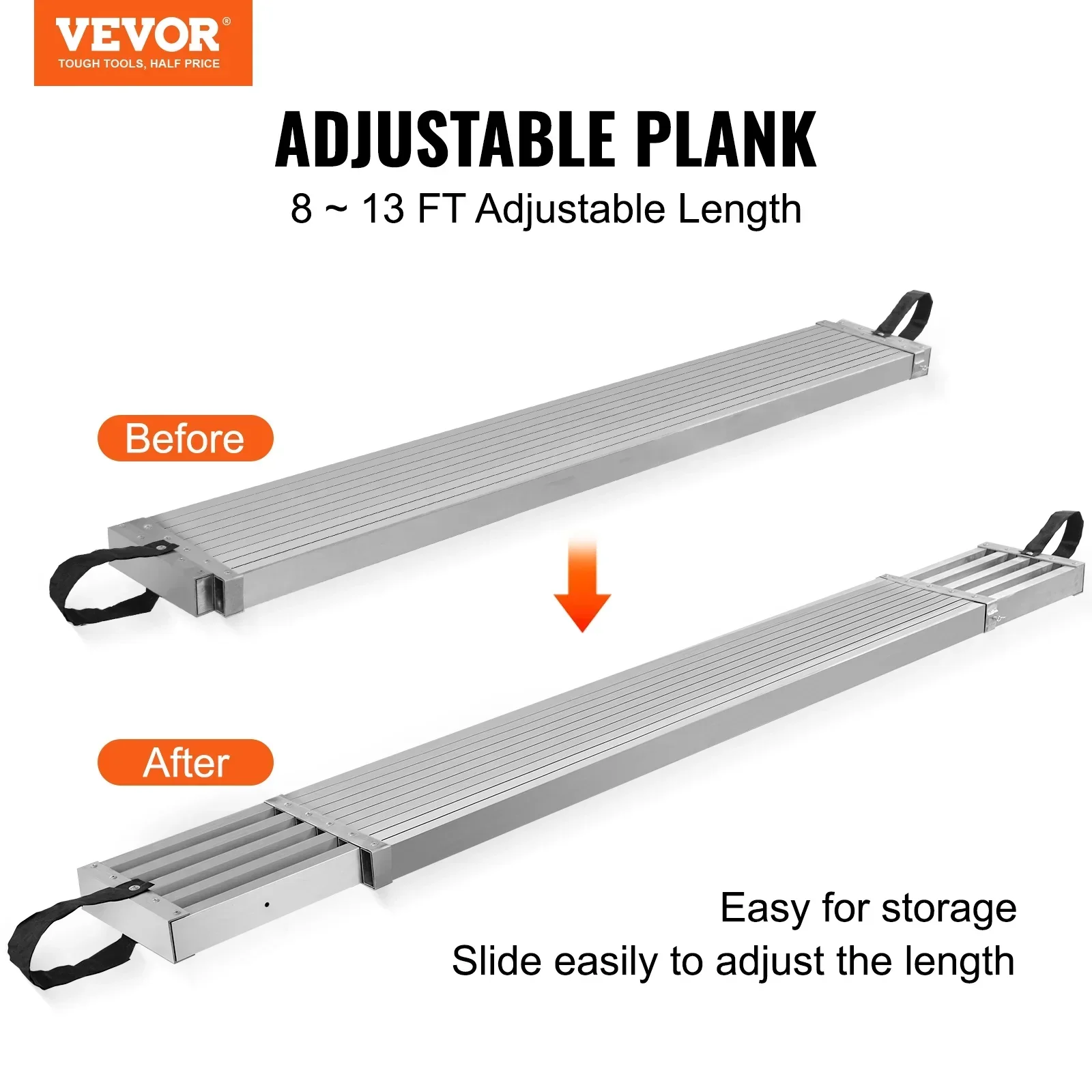 VEVOR Telescoping Aluminum Work Plank, 8-13 Feet 500lbs Capacity, 12.5 inch Width Aluminum Scaffold Plank,Extension Staging Plank with Skid-Proof Platform Scaffold Ladder Accessory