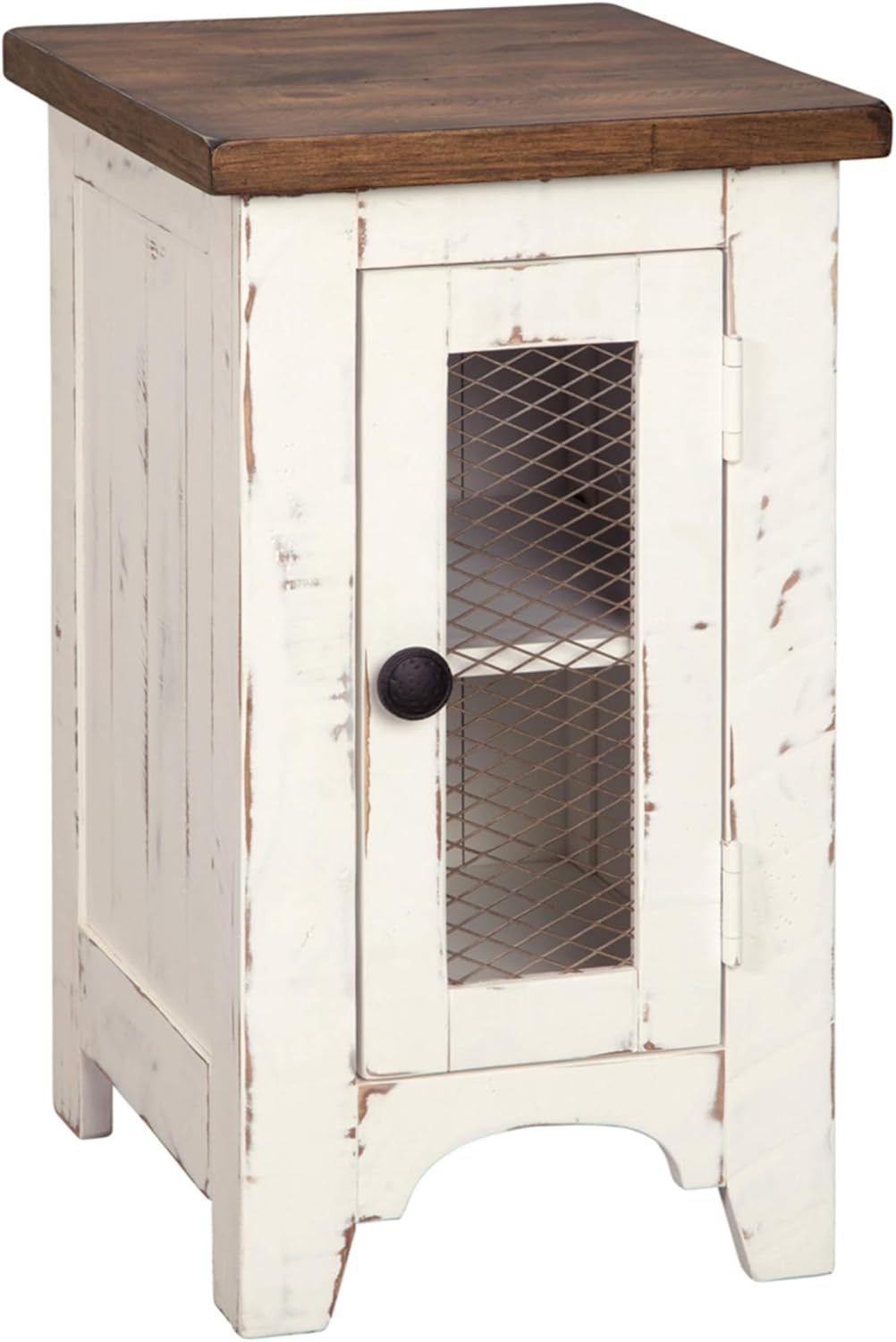 Signature Design by Ashley Wystfield Farmhouse Chair Side End Table with Cabinet Door for Storage, White & Brown with Distressed Finish