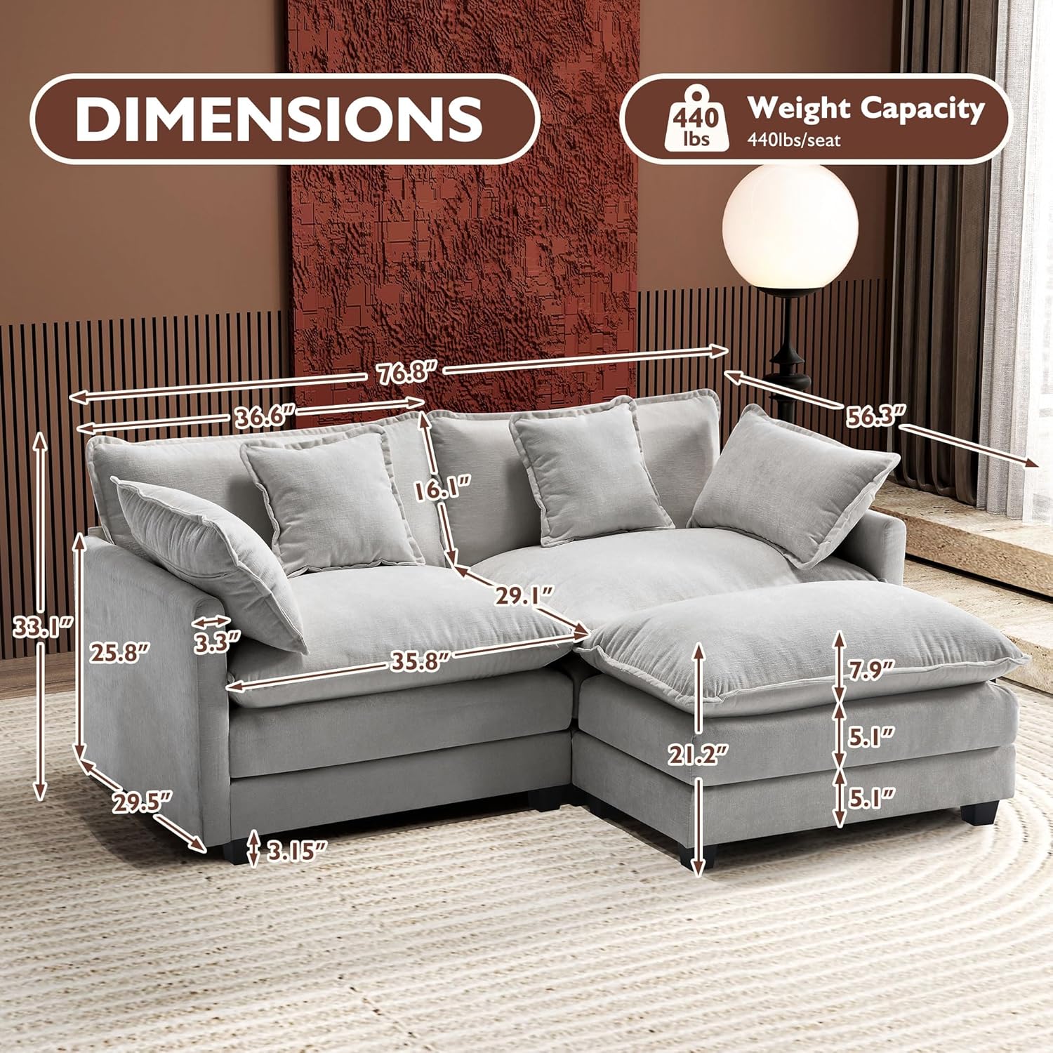 111.4 Inch L-Shaped Modern Sofa Modular Cloud Sofa Ottoman 4-Seater Chenille Deep Seat Sofa