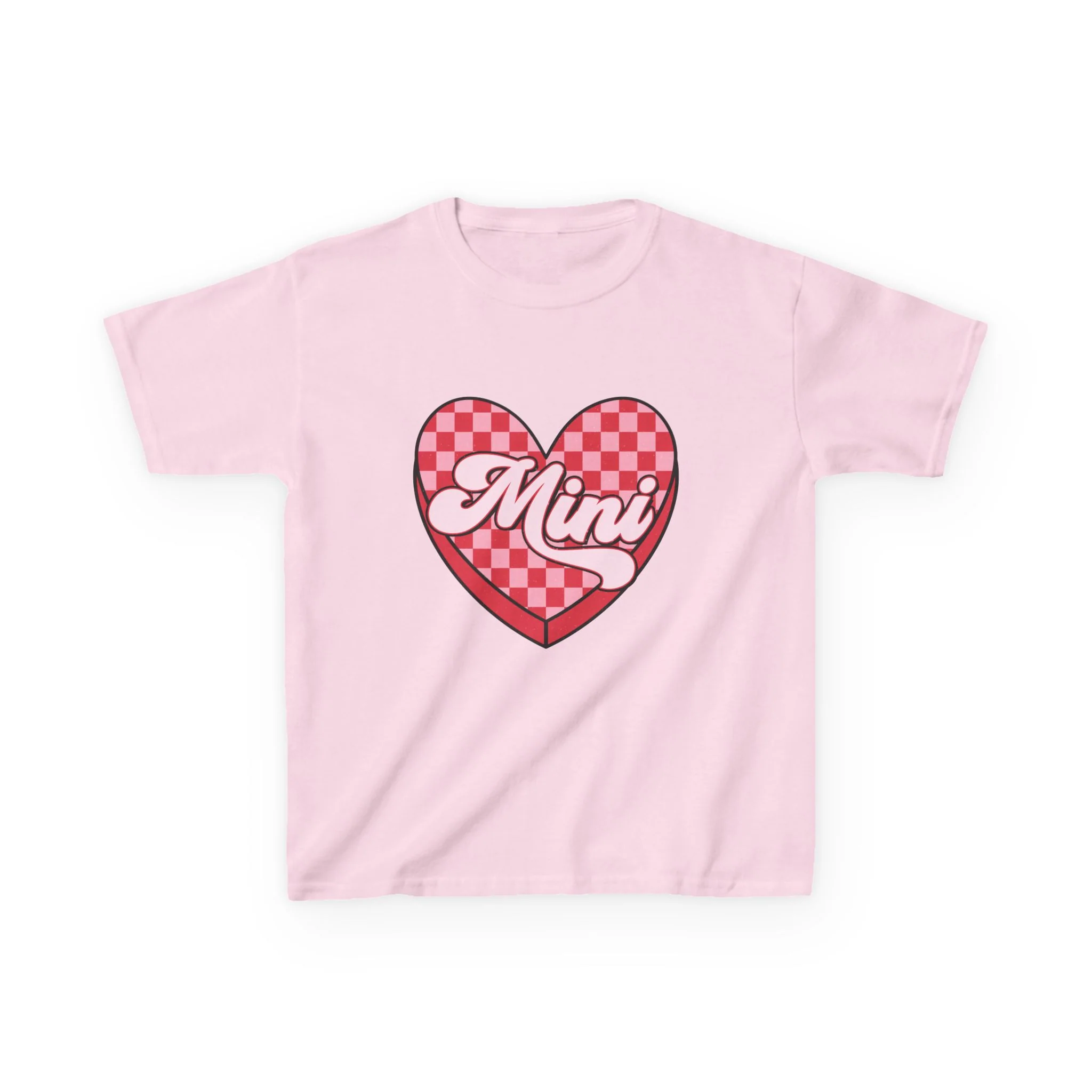 Mini Heart Checkerboard Kids Tee | Pink Retro Script