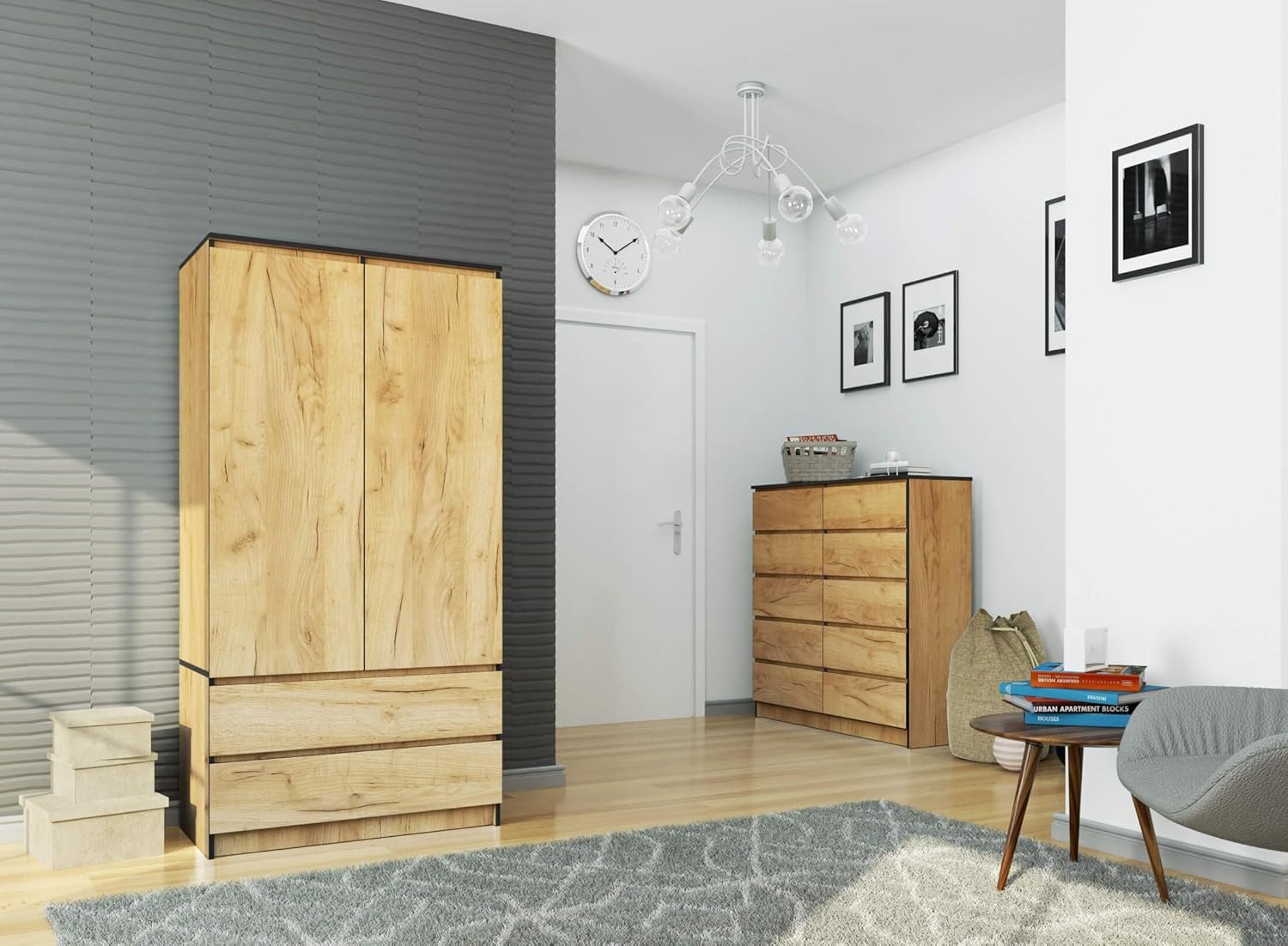 AKORD Zweitüriger Kleiderschrank S 90 cm 2 Schubladen mit Regalen und Einer Kleiderstange für EIN Schlafzimmer Kleiderschränke Minimalistischer Stil Schichtstoffplatte 16 mm | Eiche Craft