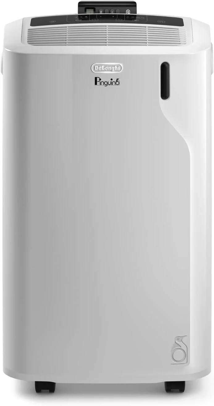 De'Longhi Pinguino PAC EM82, Condizionatore Portatile per ambienti fino a 80 m³, 9.400 BTU, 2,4 kW, 63 dB, Funzione Deumidificatore, Classe Energetica A, Timer 24h, Bianco