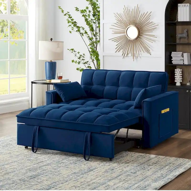 4 in1 Loveseat Sofa Bed with Armrests & Storage Pockets, Multi-Function Tufted Pull-out Sofa Bed with Adjustable Backrest