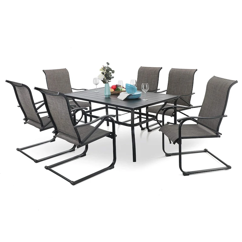 7/8-Piece Patio Dining Set including 60x38 Slatted Metal Table with 1.56 Umbrella Hole and 6 Spring Motion Chairs