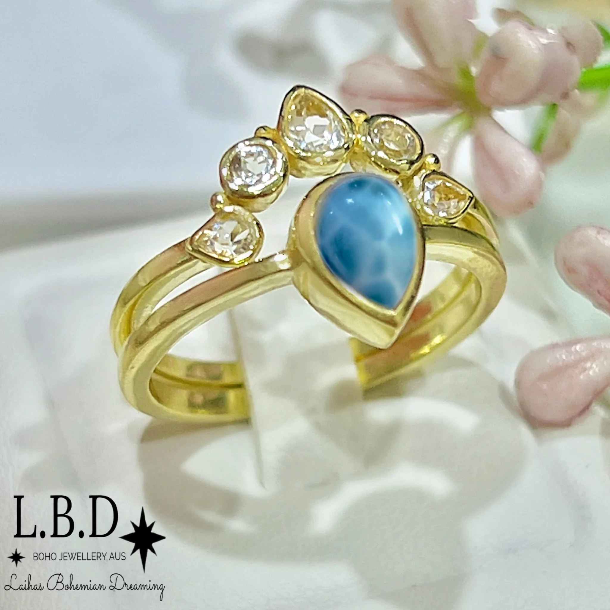 Laihas Queen Of Cups Gold Topaz and Larimar Ring Set