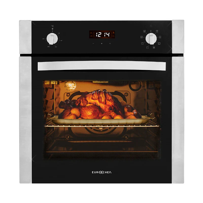 EuroChef 60 cm-es rozsdamentes acél beépíthető sütő, 70 literes, grill, 8 funkciós, légkeveréses, elektromos