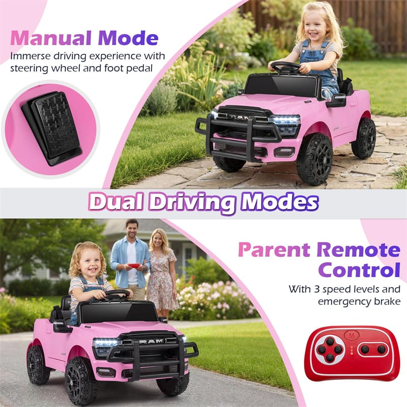 12V Kids Ride-On Truck Car Licensed RAM 3500 Electric Vehicle with Remote Control, Soft Start & LED Lights, Ride On Toy for Boys Girls Aged 3+