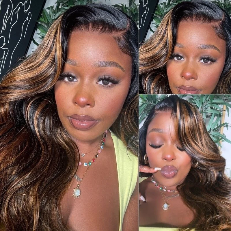 Pre All|Glueless 3D Body Wave Highlights Ombre Brown 8X5 Pre Cut HD Lace Wigs Pre Bleached Pre Plucked Human Hair Wig