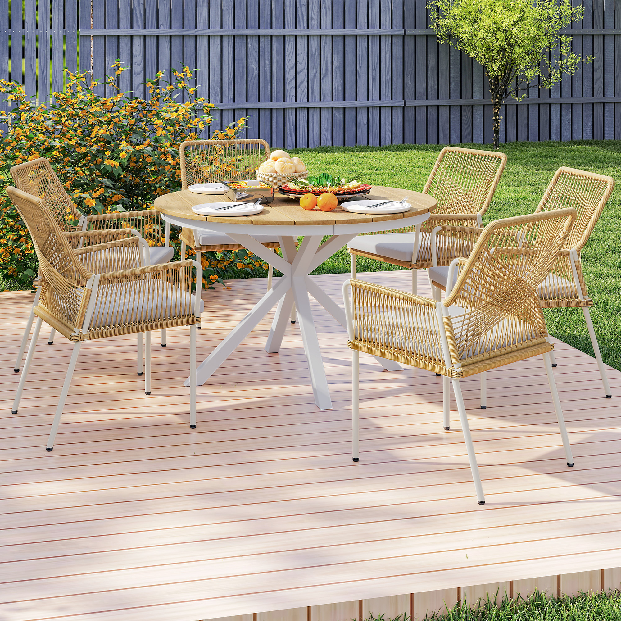 Outsunny Tuintafel Ø118cm, Weerbestendig Balkontafel uit Aluminium, Bijzettafel met Kruispoten Latontwerp Teak