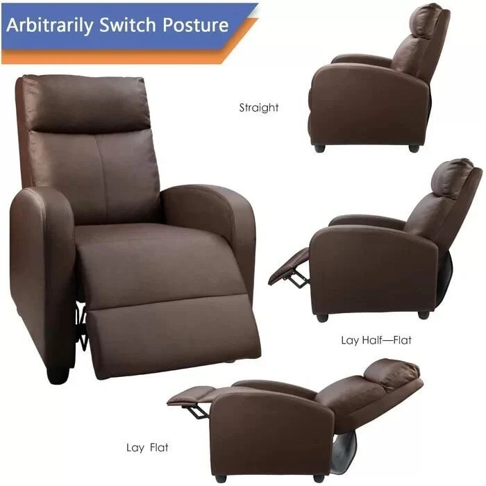 PU Leather Push-Back Recliner Chair, Brown / Black / Grey / Khaki / Red / Beige, Single