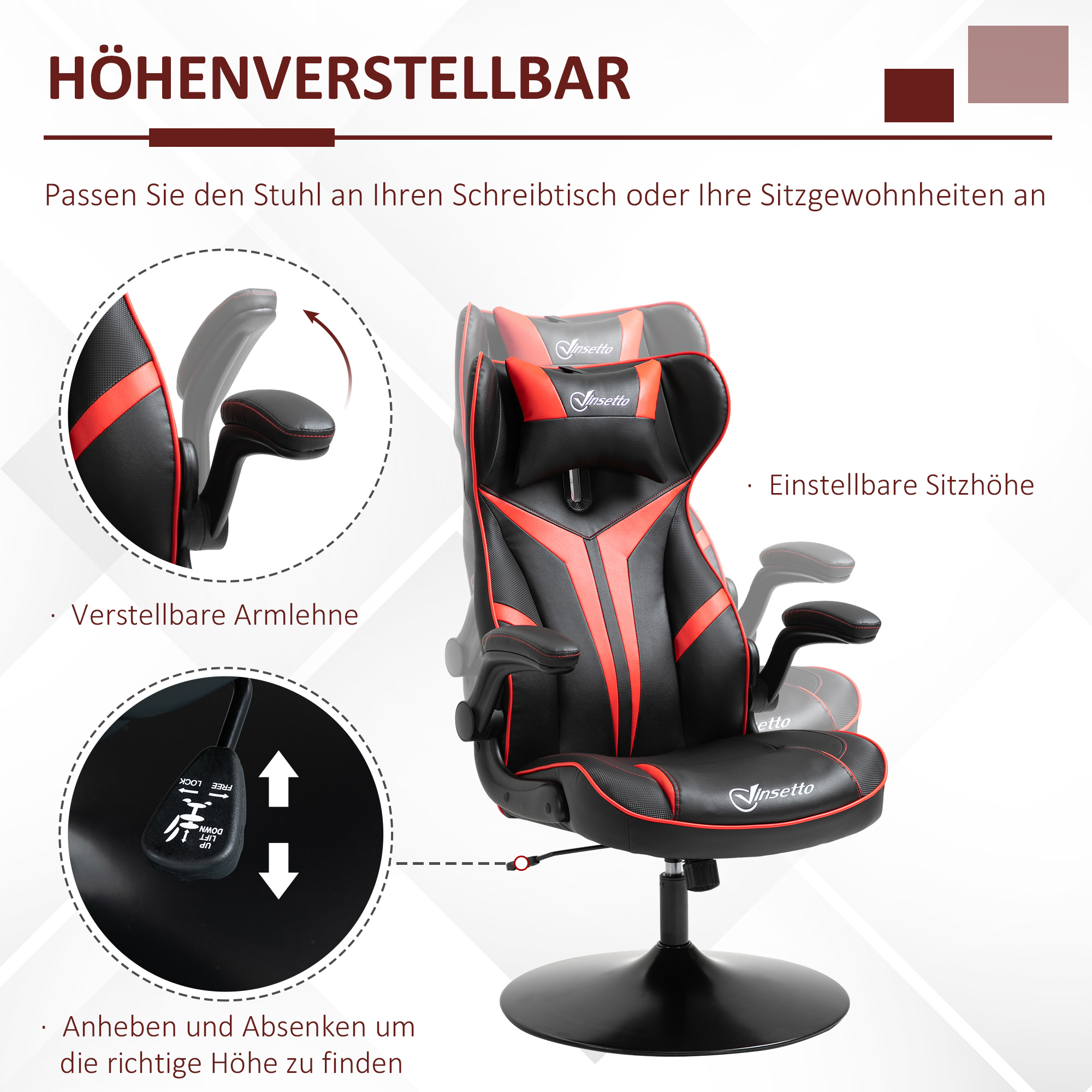 Vinsetto gamestoel ergonomische computerstoel met kantelfunctie draaistoel in hoogte verstelbaar staal zwart + rood 67 x 75 x 106-112 cm