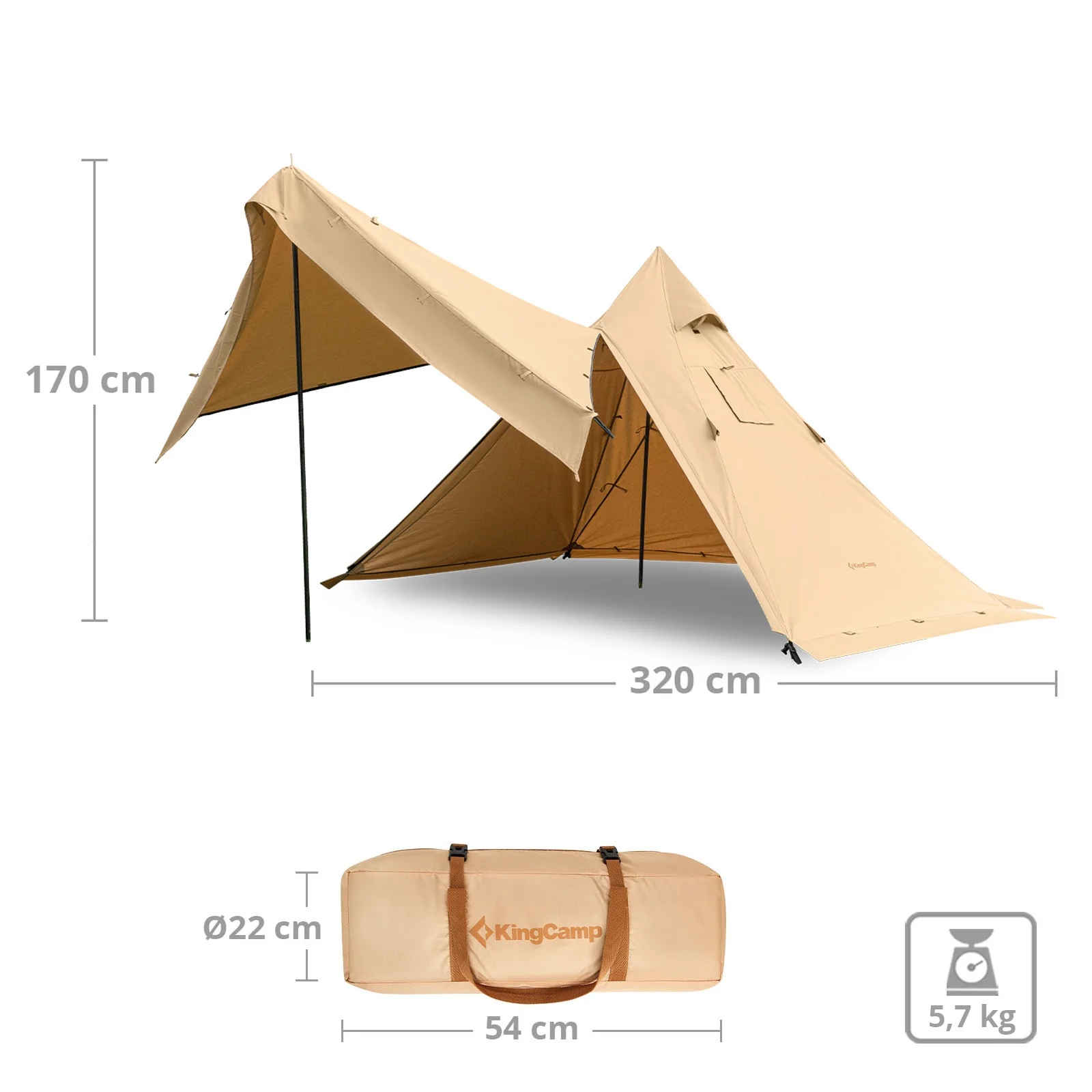 2025 KingCamp Torino 2 – Tenda spaziosa per 1-2 persone con struttura a palo singolo, uscita per camino, adatta all’inverno, idrorepellente e facilmente riponibile