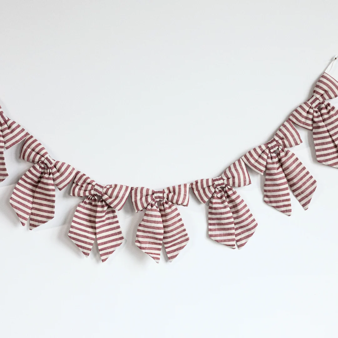 Striped Cranberry Red Bow Garland