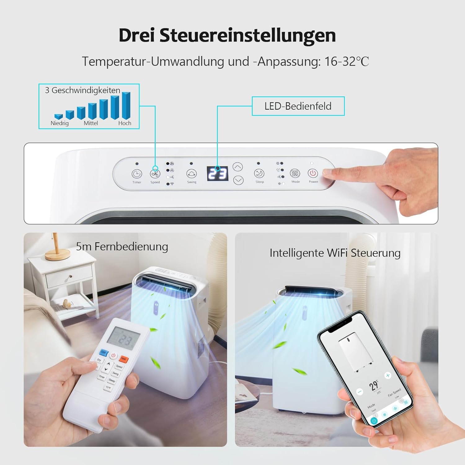 GOPLUS 16000 BTU Klimaanlage mit Abluftschlauch, 5 in 1 mobiles Klimagerät: Kühlen, Heizen, Entfeuchten, Belüften, Schlafmodus | für Raumgröße bis 30㎡ | 24H-Timer | App/Fernbedienung (16000BTU)