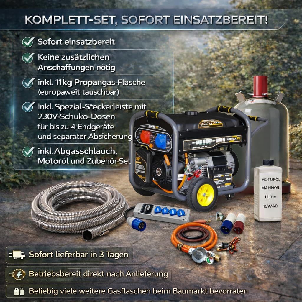 Dual Fuel Strom-Generator 10 kVA | KOMPLETT-SET – Benzin & Propangas Notstromaggregat 230/400 V – fahrbar inkl. 4er-Steckerleiste, Gasflasche & Zubehör