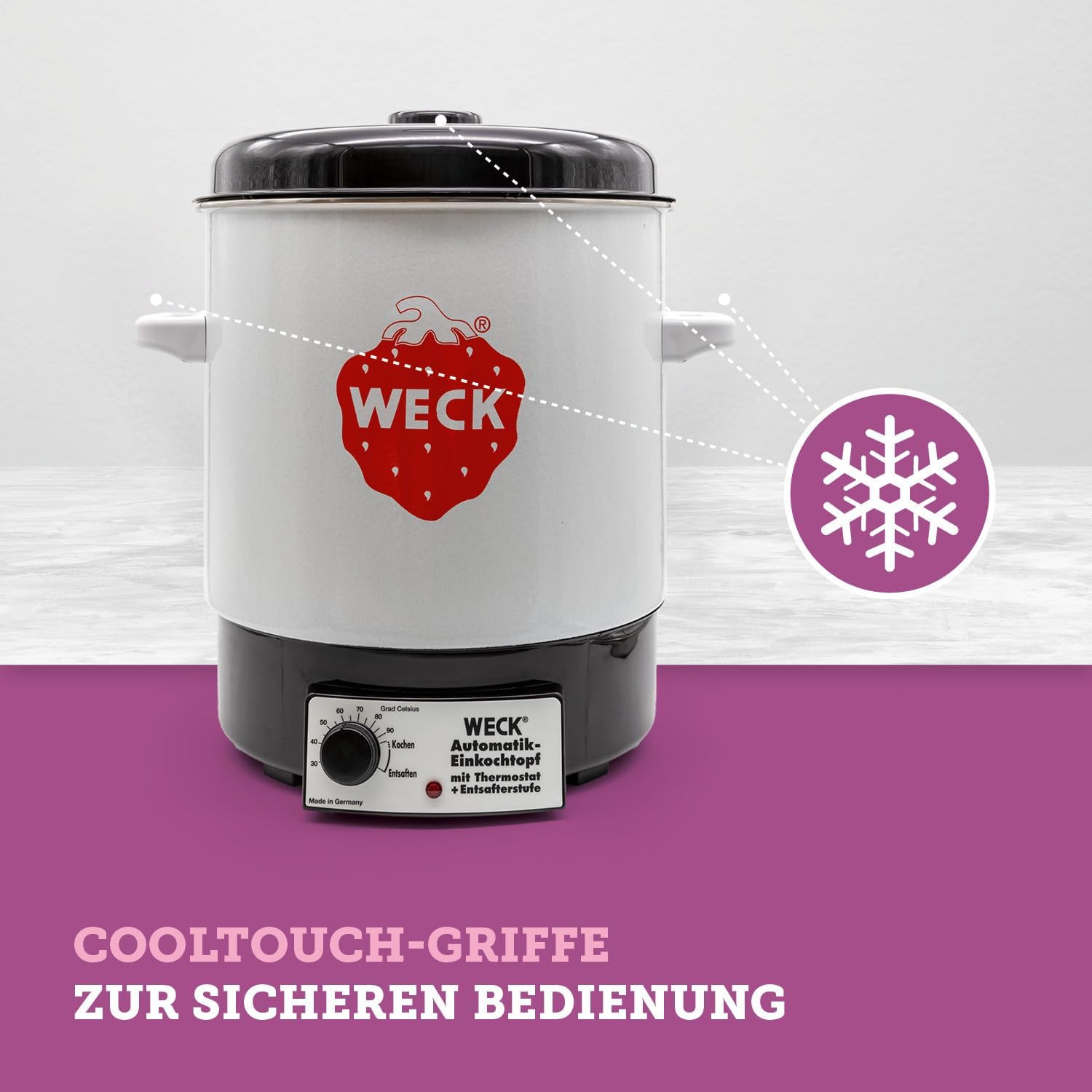 WECK Einkochautomat WAT14 (Finale Serie) Emaille mit Präzisionsthermostat – 29L Einkochtopf, Glühweinkocher, Dampfentsafter, Einweckautomat – Made in Germany, hochwertig & vielseitig