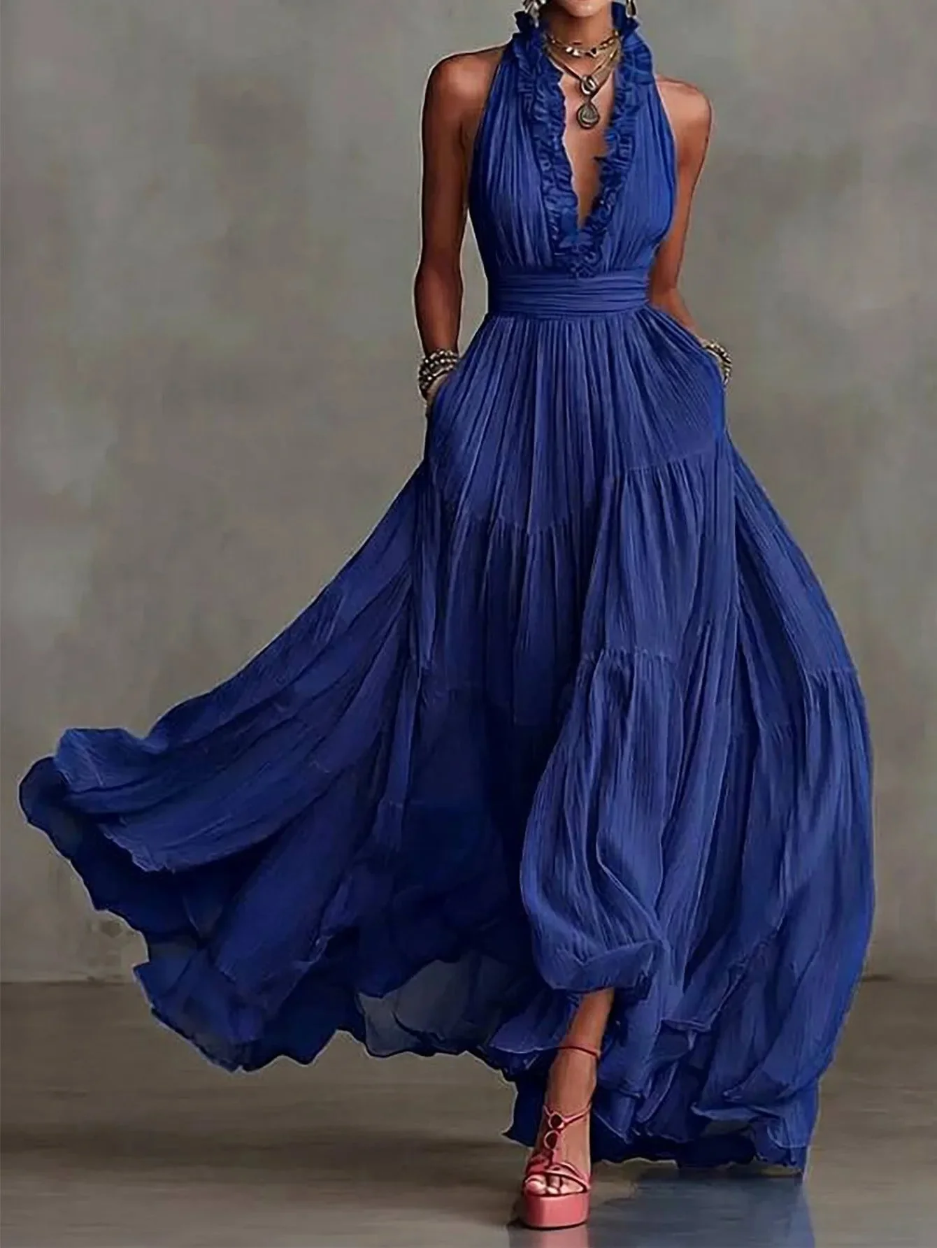 Women��s Evening Maxi Dress Elegant Pleated Skirt with Ruffle Trim