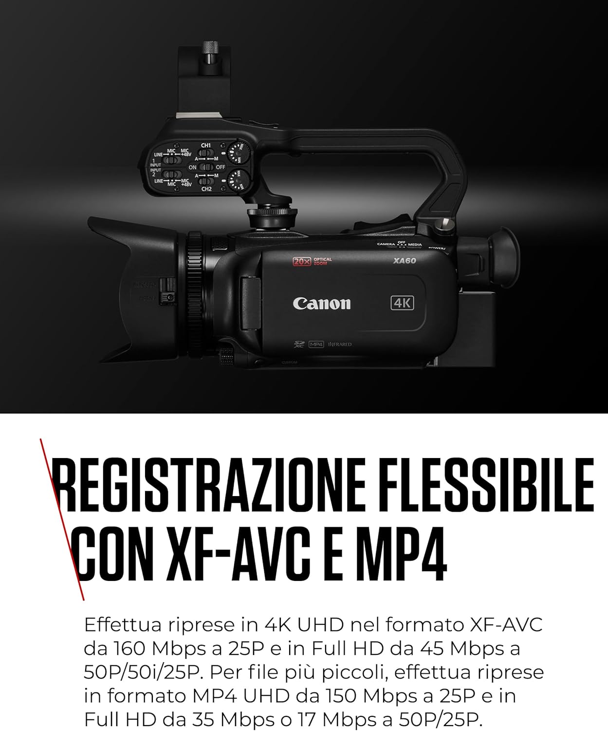 Canon XA60 - Videocamera 4K Professionale con Messa a Fuoco Automatica, Zoom Ottico 20x, Stabilizzazione a 5 Assi, Uscita HDMI e Streaming Live HD via USB-C