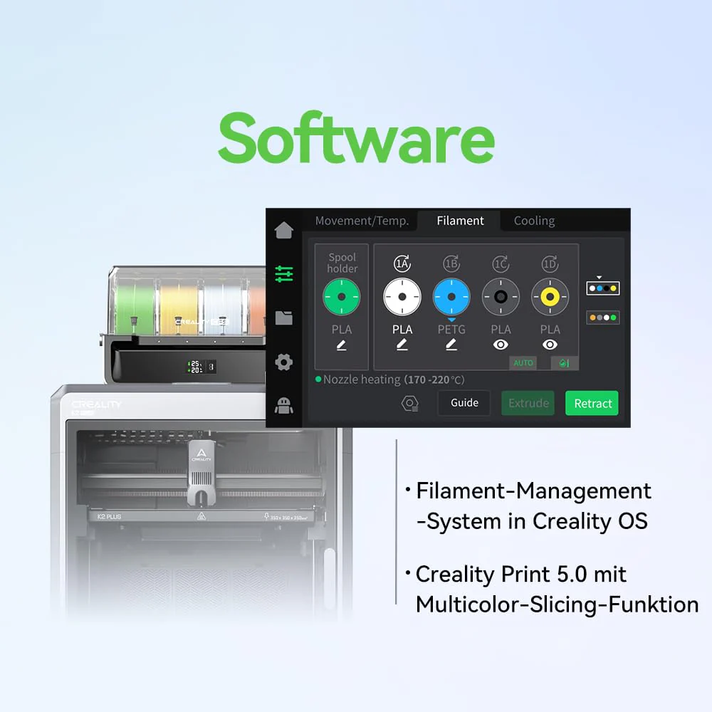 Creality K2 Plus Combo 3D-Drucker, 16-Farben Multimaterial-Druck, 350³mm XXL-Bauraum, Servo-Direktantrieb, Dual-KI-Kameras, Ultra-Leise