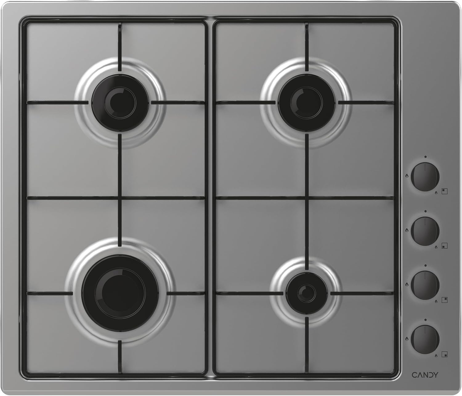 Candy CHW6LBX Gas Hob, 4 Burners, Built-in, Metal Grills, Safety Valve, 59.5 x 51 x 8 cm, Stainless Steel