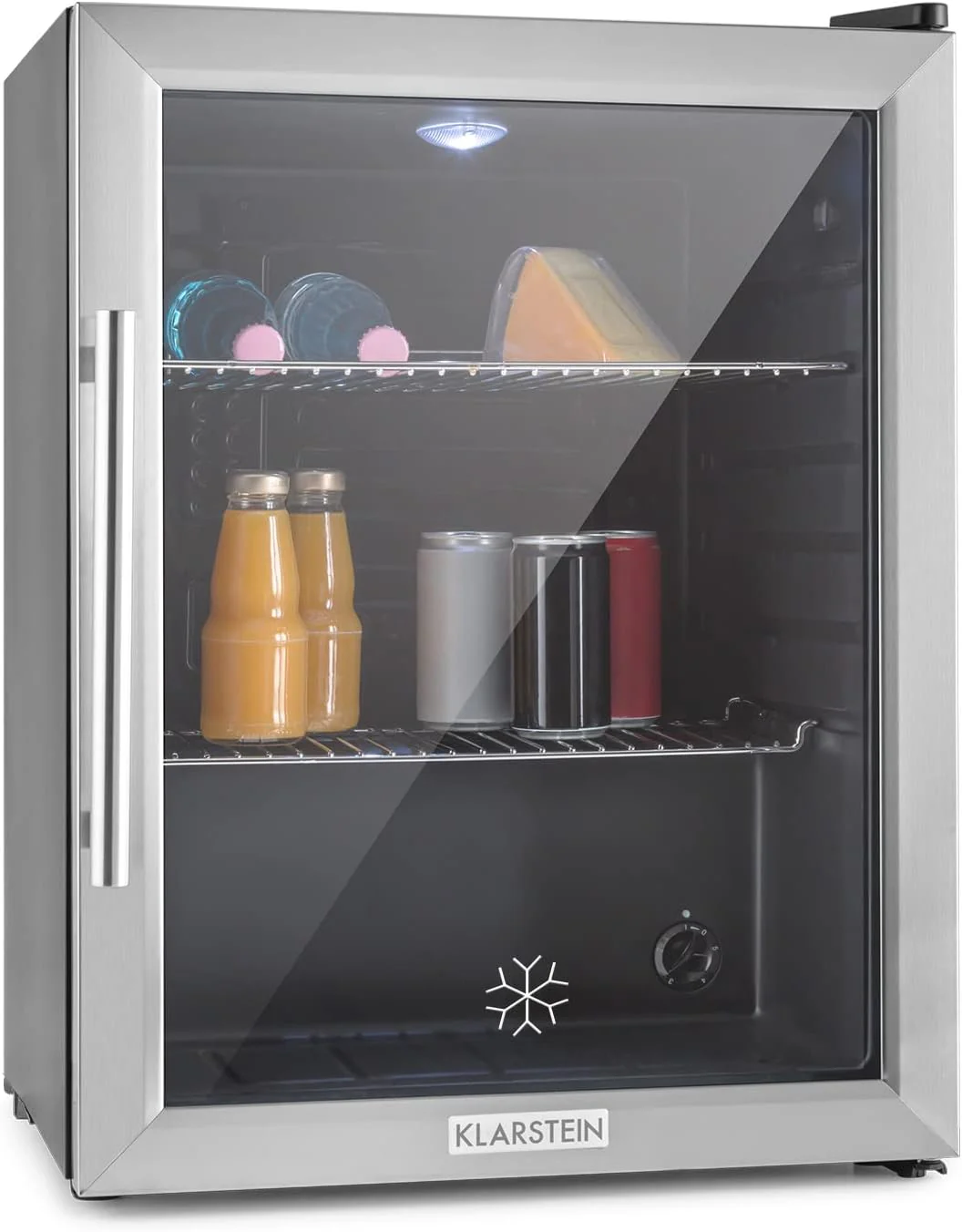 Klarstein Mini Koelkast met Glazen Deur voor Kamer, Drankenkoelkast met Verstelbare Planken, Klein 80 Liter, Indoor/Outdoor Koelkast Stil