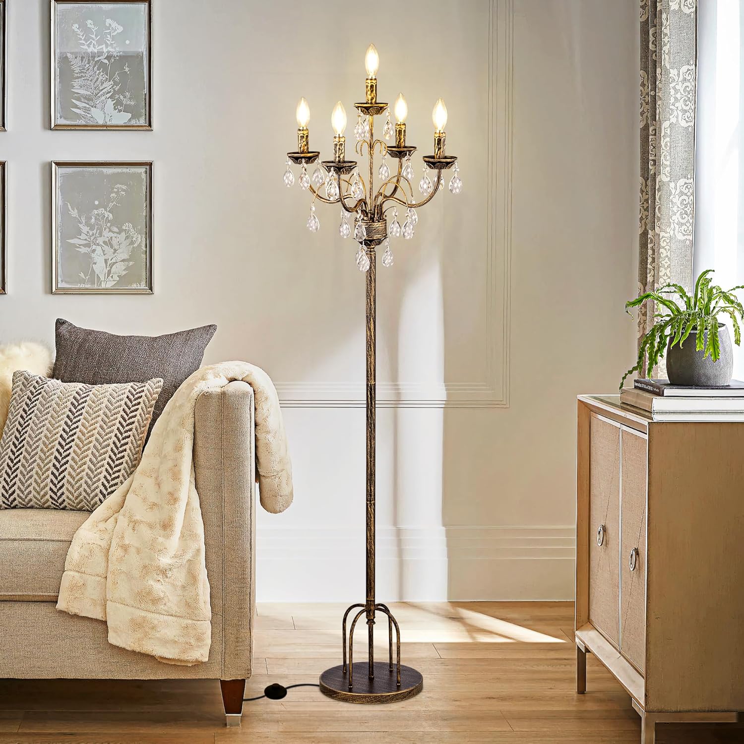 TOCHIC Bronze Crystal Floor Lamp, 5 Lights Vintage Farmhouse Standing Corner Lamp with Foot Switch for Bedroom, Living Room, Office, Entryway, 65