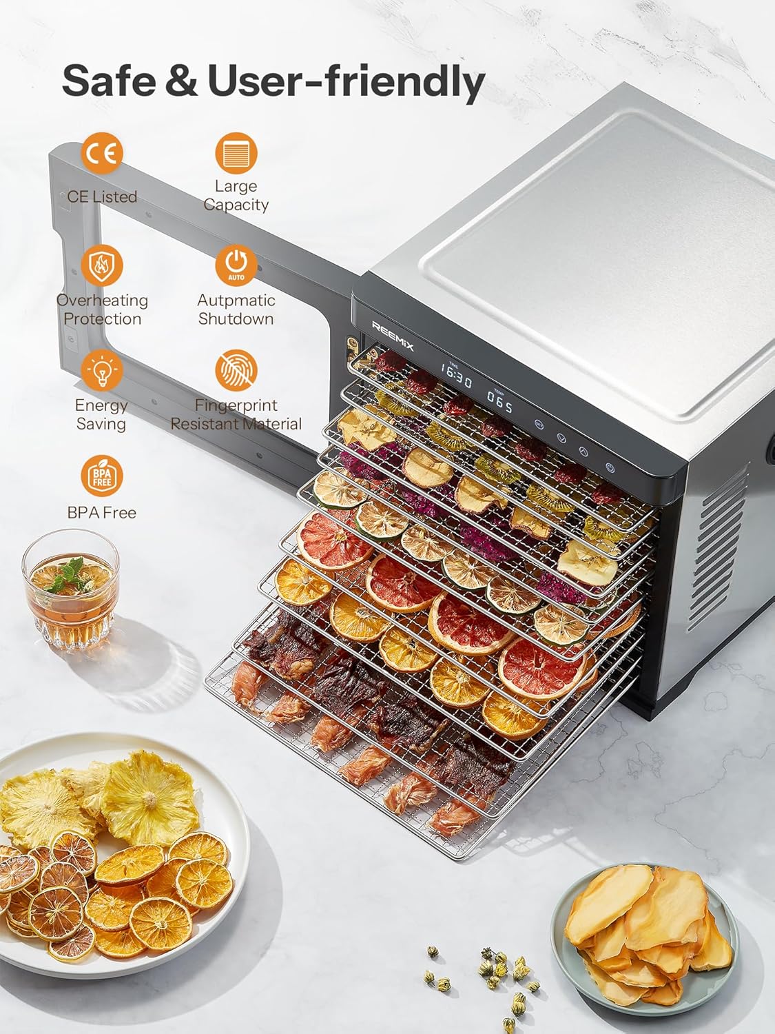 Dörrautomat Edelstahl mit digitaler Steuerung 1000W, Food Dehydrator mit 9 Edelstahl-Ablagegitter, Große Fläche 0,8 m², Temperatur: 35-75 C°, Timer: 30 min.-48h, LCD-Touch-Display