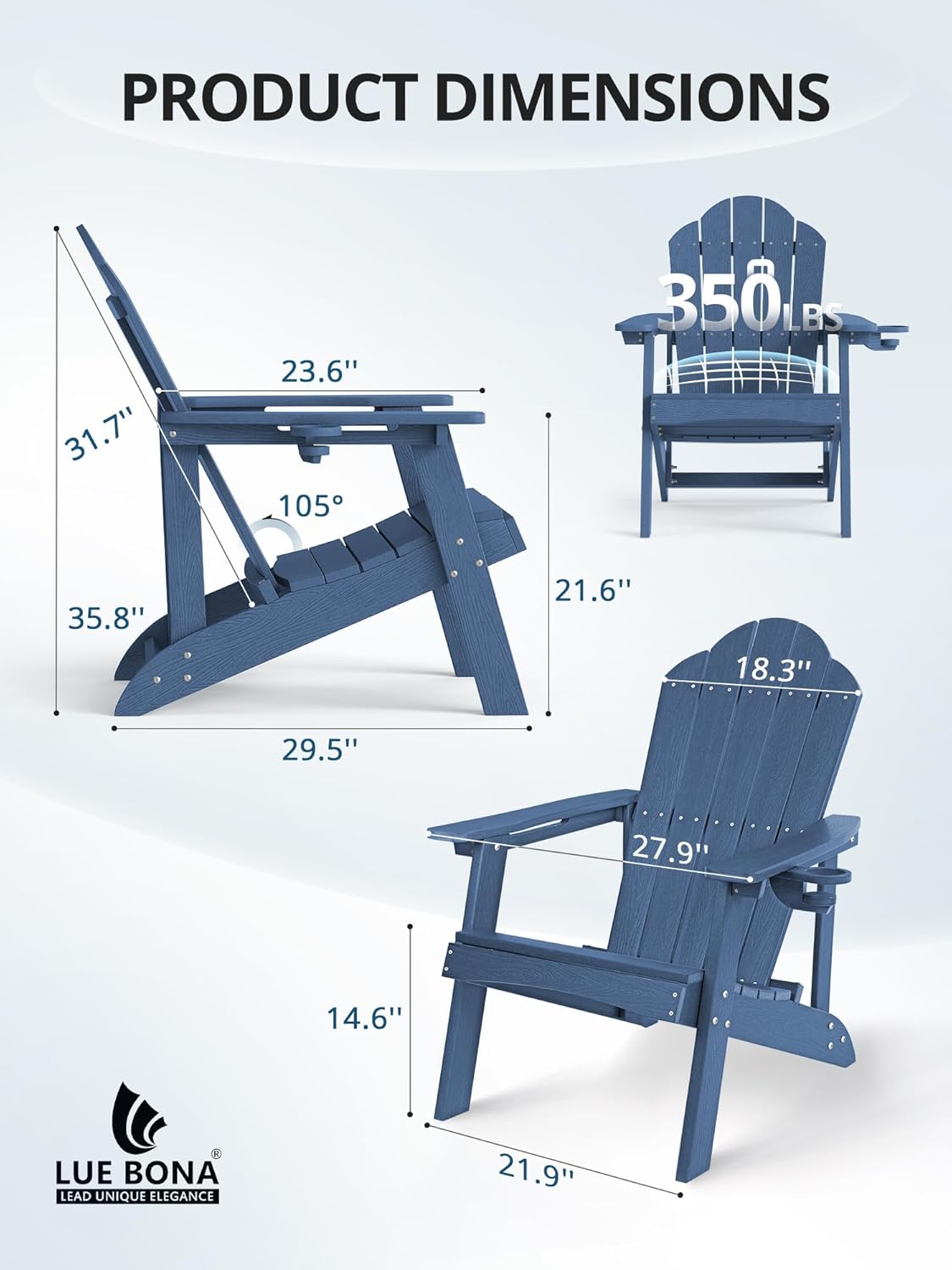 LUE BONA Adirondack Chairs Set of 4 - Weather Resistant Seating with Cup Holder for Poolside, Fire Pit, Deck & Resort Patio, Blue