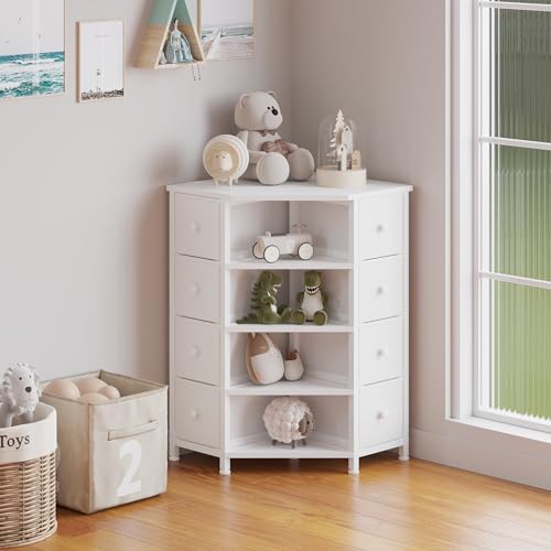 LUMTOK Comò angolare con 8 cassetti in tessuto e ripiani aperti per piccoli spazi, camera da letto, ingresso, soggiorno (bianco) : Amazon.it: Casa e cucina