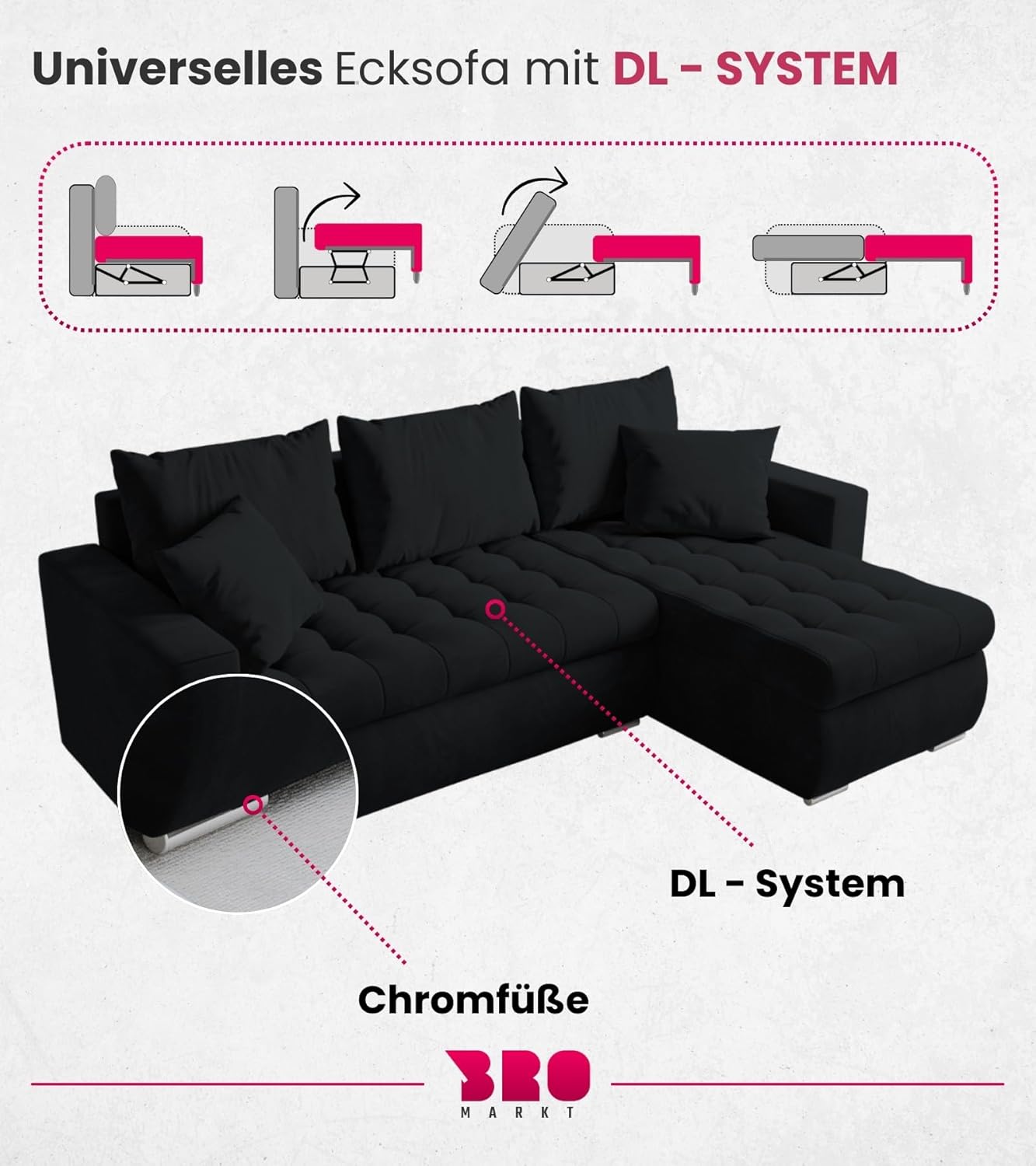 BROMARKT Sofa mit Schlaffunktion Ecksofa L-Form Schlafsofa Couch Bettkasten Wohnzimmer Möbel LUIS Couch 3 Sitzer Bett mit Bezugbehalter 238x150x72 Graphite